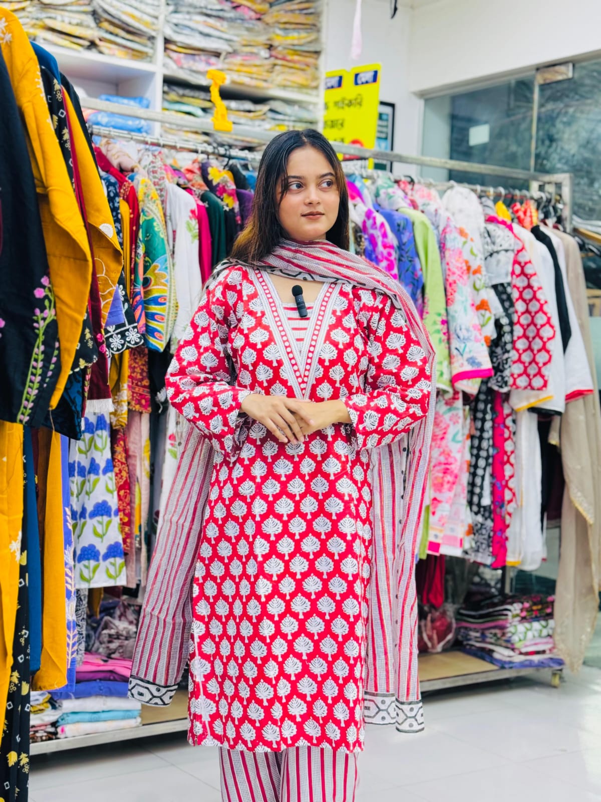 Women's Screen Print Three Piece, AC Cotton Kameez, Sizes 38 to 44