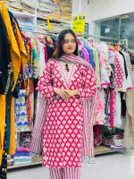Women's Screen Print Three Piece, AC Cotton Kameez, Sizes 38 to 44
