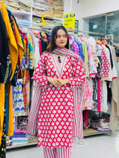 Women's Screen Print Three Piece, AC Cotton Kameez, Sizes 38 to 44