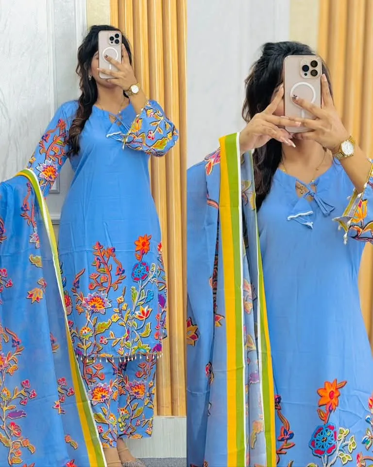 Readymade Micro Soft Digital Print Three Piece, Bindu Cotton Orna