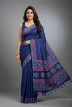 Screen Print Silk Saree with Tassels and Running Blouse Piece