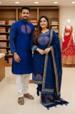Block Print Three Piece and Dhupian Silk Panjabi Matching Set