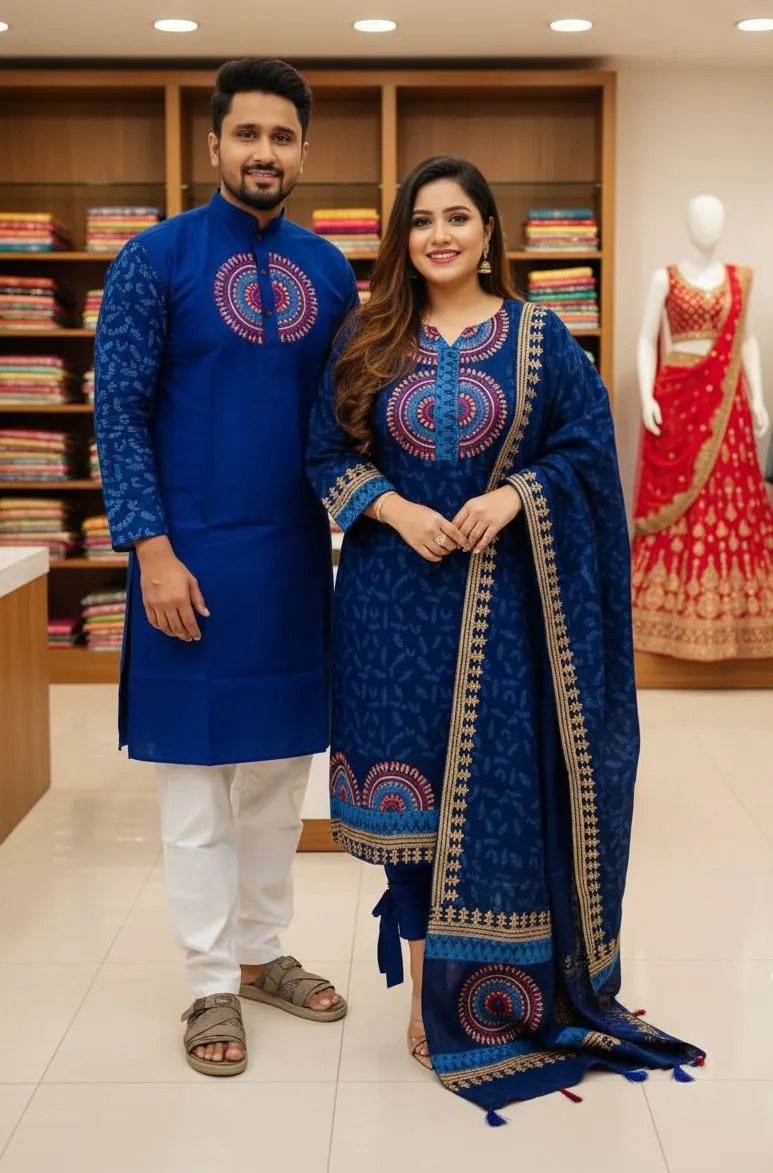 Block Print Three Piece and Dhupian Silk Panjabi Matching Set