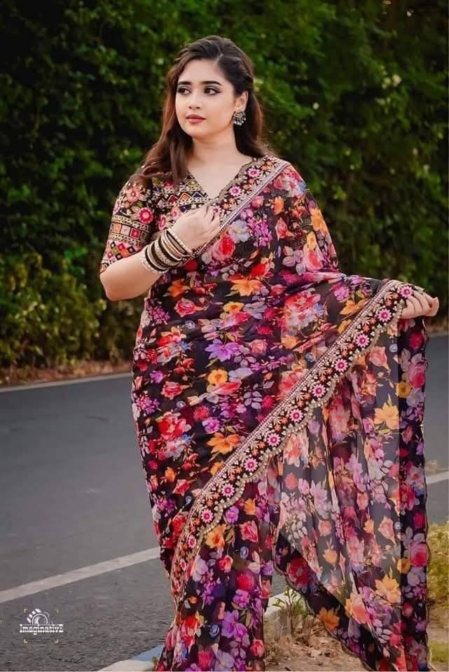 Silk Digital Print Saree with Stone Work and Afsan Lace Hem