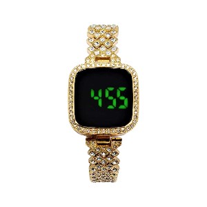 New Trend Fashion Steel Chain Diamond Women Watch Full Diamond Touch Screen LED Water Diamond Bracelet Watch (Golden)