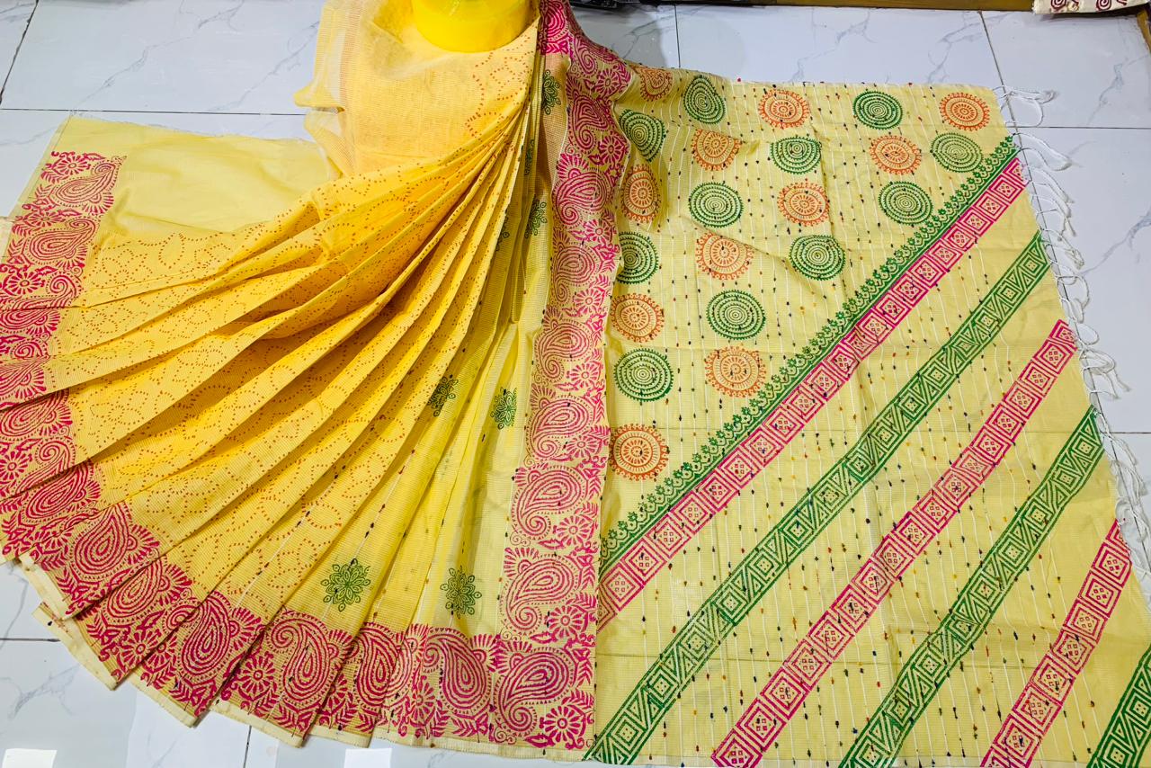 Women's Block Print Cotton Saree, 14 Haath, 6 Colours