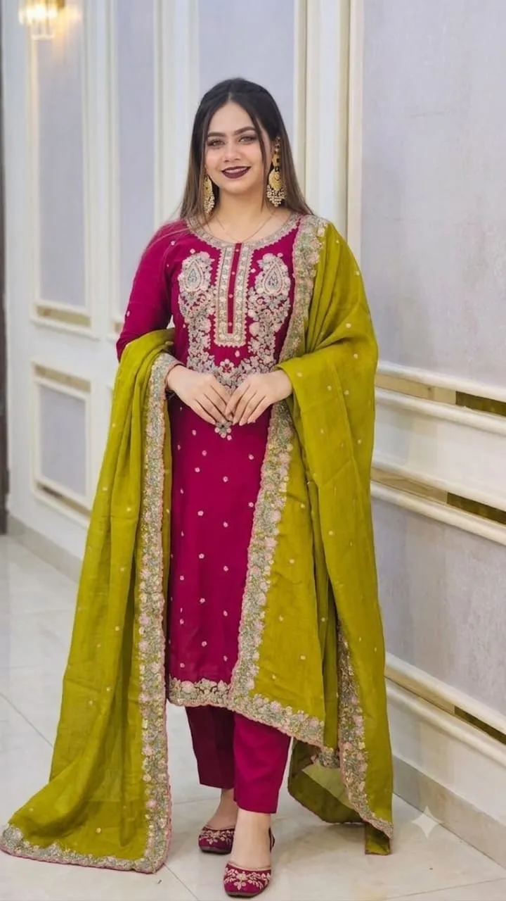 Women's Cotton Three Piece with Embroidery and Sequins, S to XXL