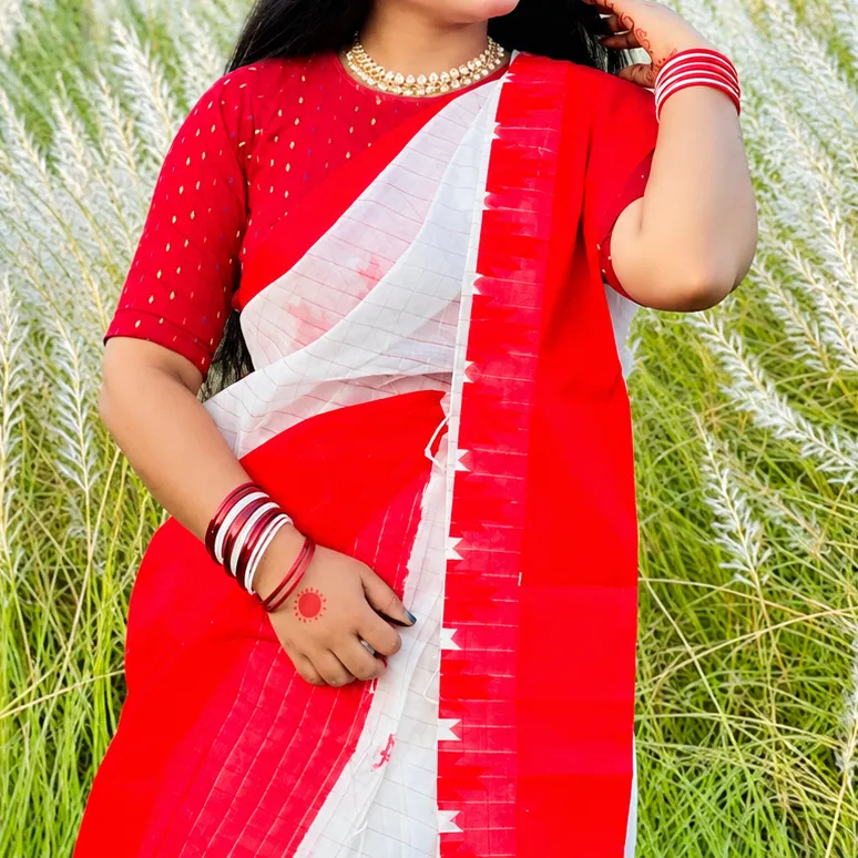 Traditional Red and White Cotton Handloom Saree for Durga Puja
