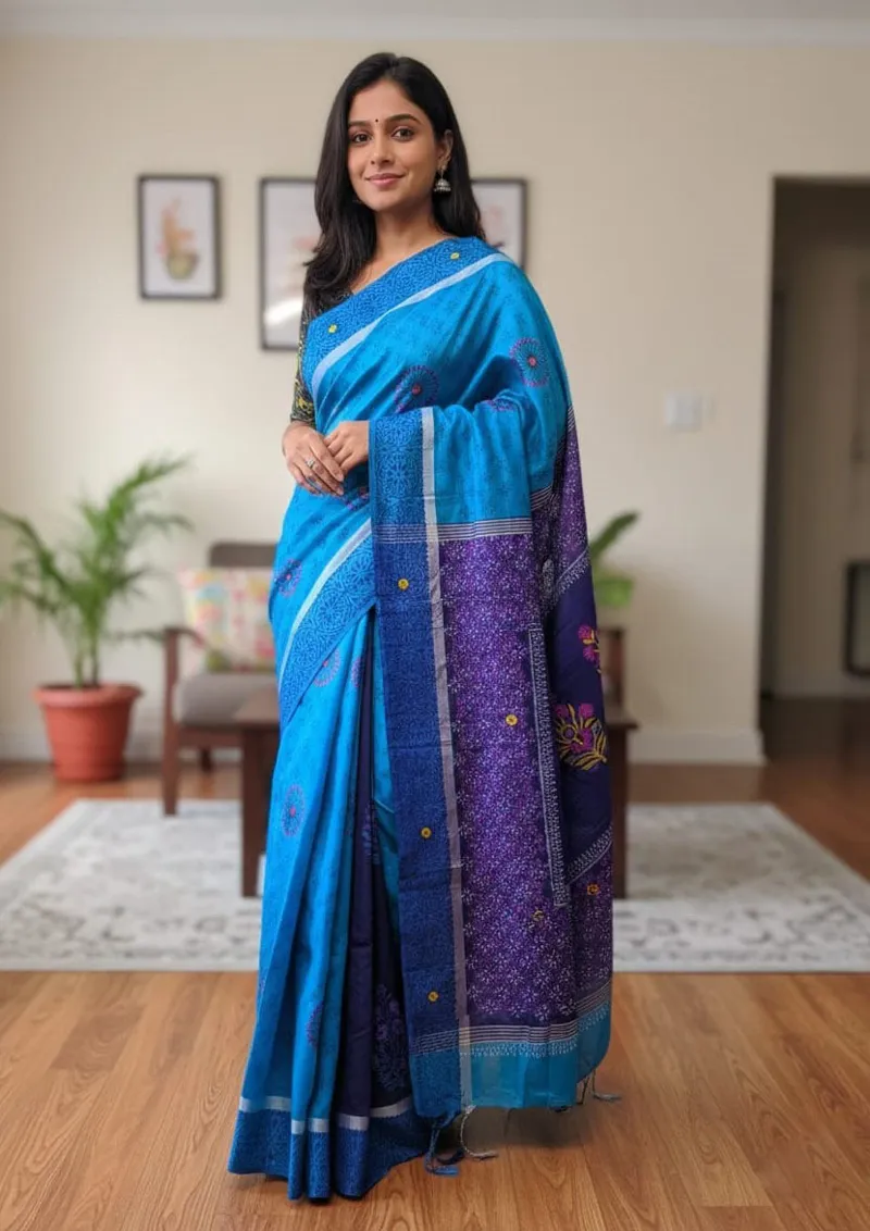 Nakshi Dhupian Silk Saree with Block Print and Embroidery