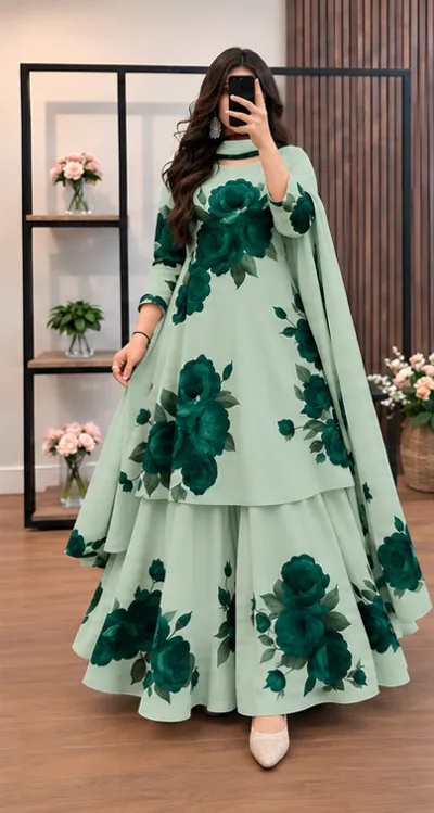 Micro Stitch Digital Print Three Piece with Chiffon Orna