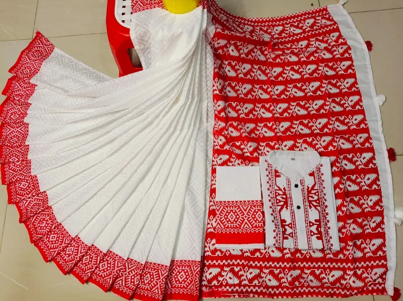 Puja Couple Dress, Resham Silk Saree and Dhupian Silk Panjabi