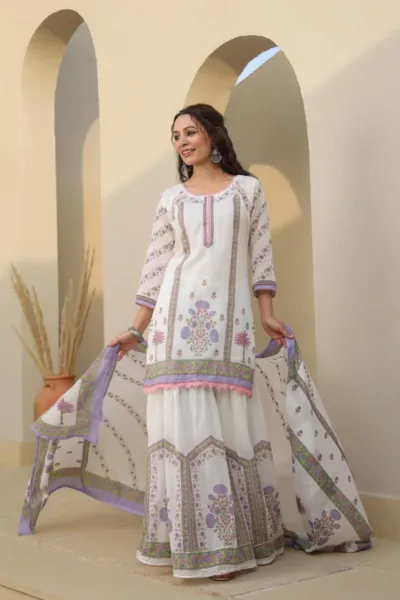 Women's Pure Cotton Sharara Three Piece, Sizes 36 to 46