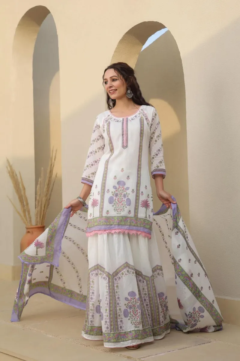 Cotton Sharara Three Piece Set with Fine Cotton Orna
