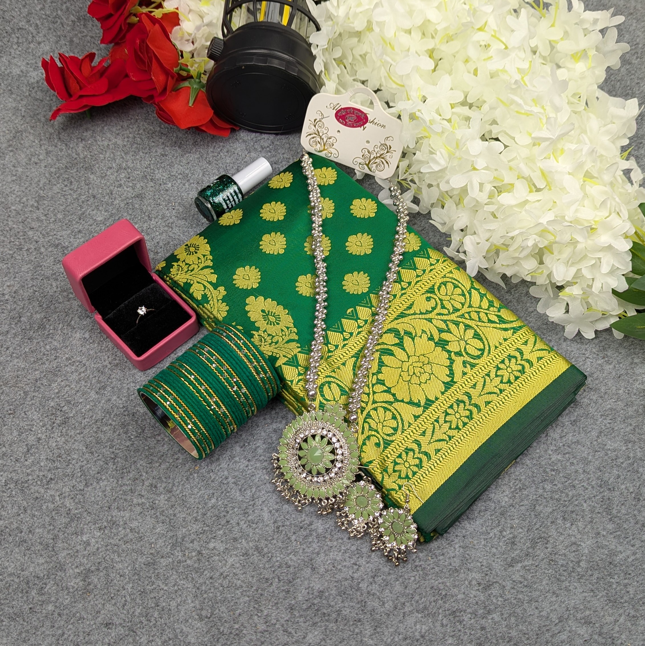 Premium Silk Katan Saree Combo Set - Green