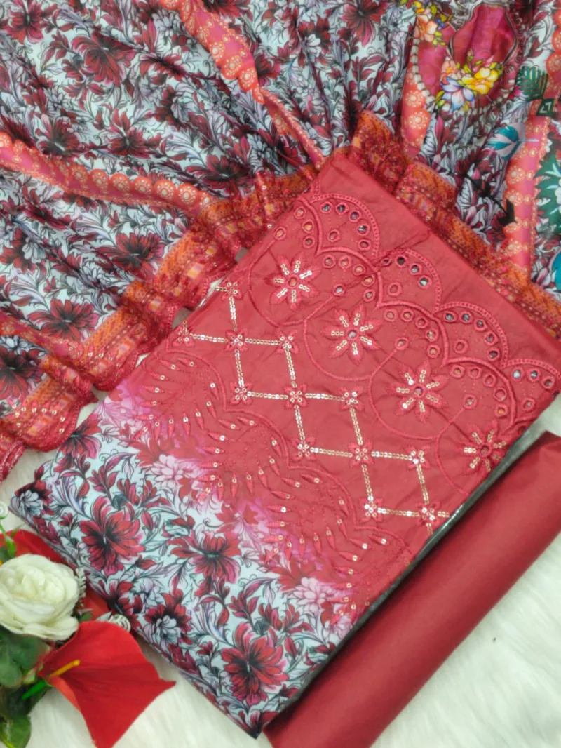 Digital Print Three Piece with Embroidered Sleeves and Cut Work Orna