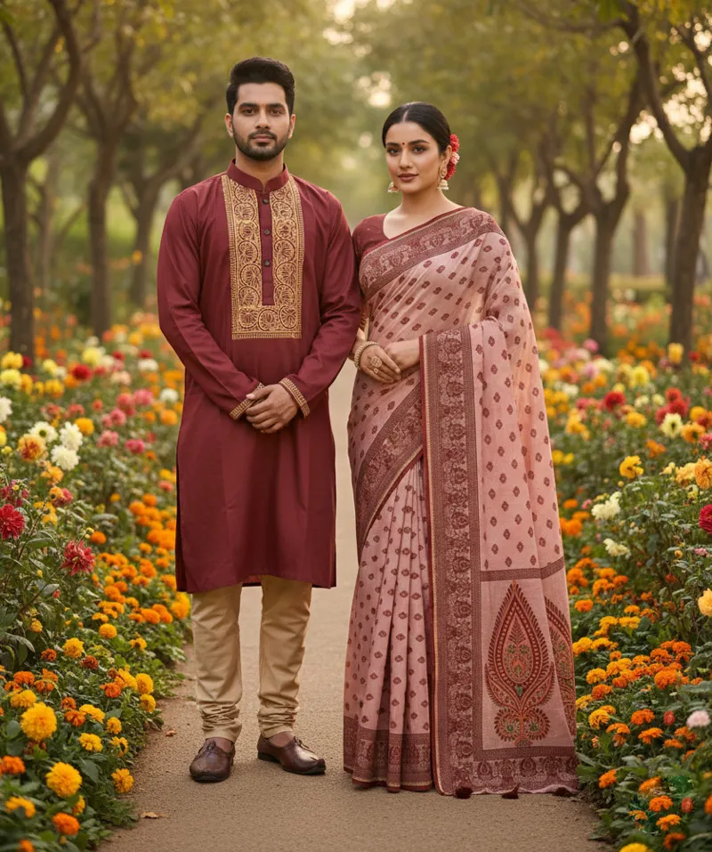 Couple Boutique Silk Saree and Panjabi Set, 13.5 Haath Saree