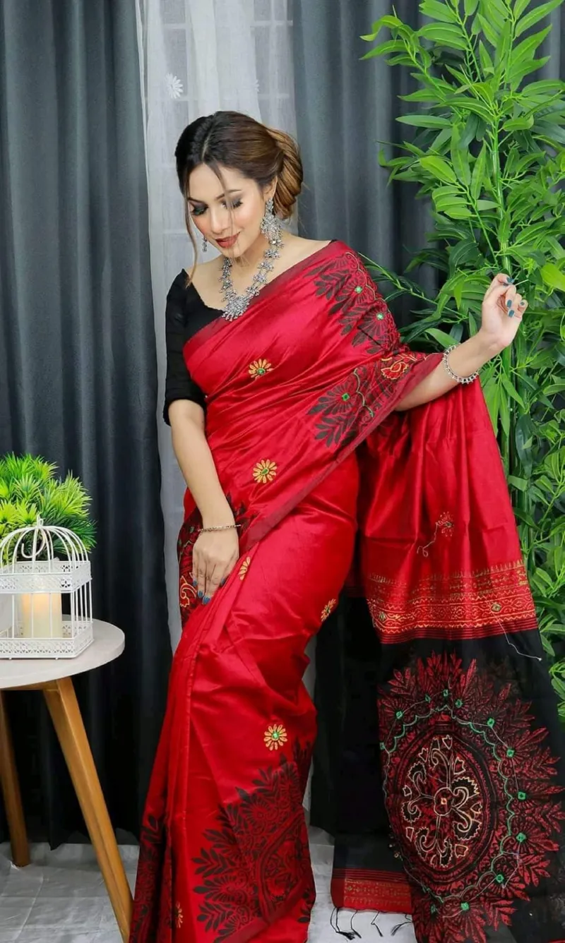 Women's Block Printed Dhupian Silk Saree, 6 Colour Choices