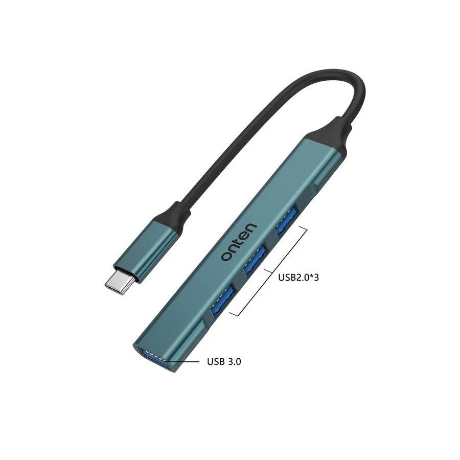 Onten OTN-9701 USB-C Male to Quad USB Female Hub Crystal Teal