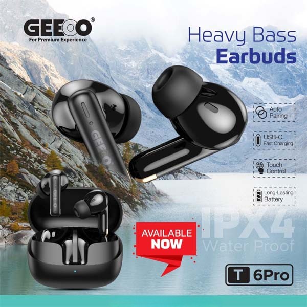 Geeoo T6 Pro Heavy Bass Wireless Earbuds – Black