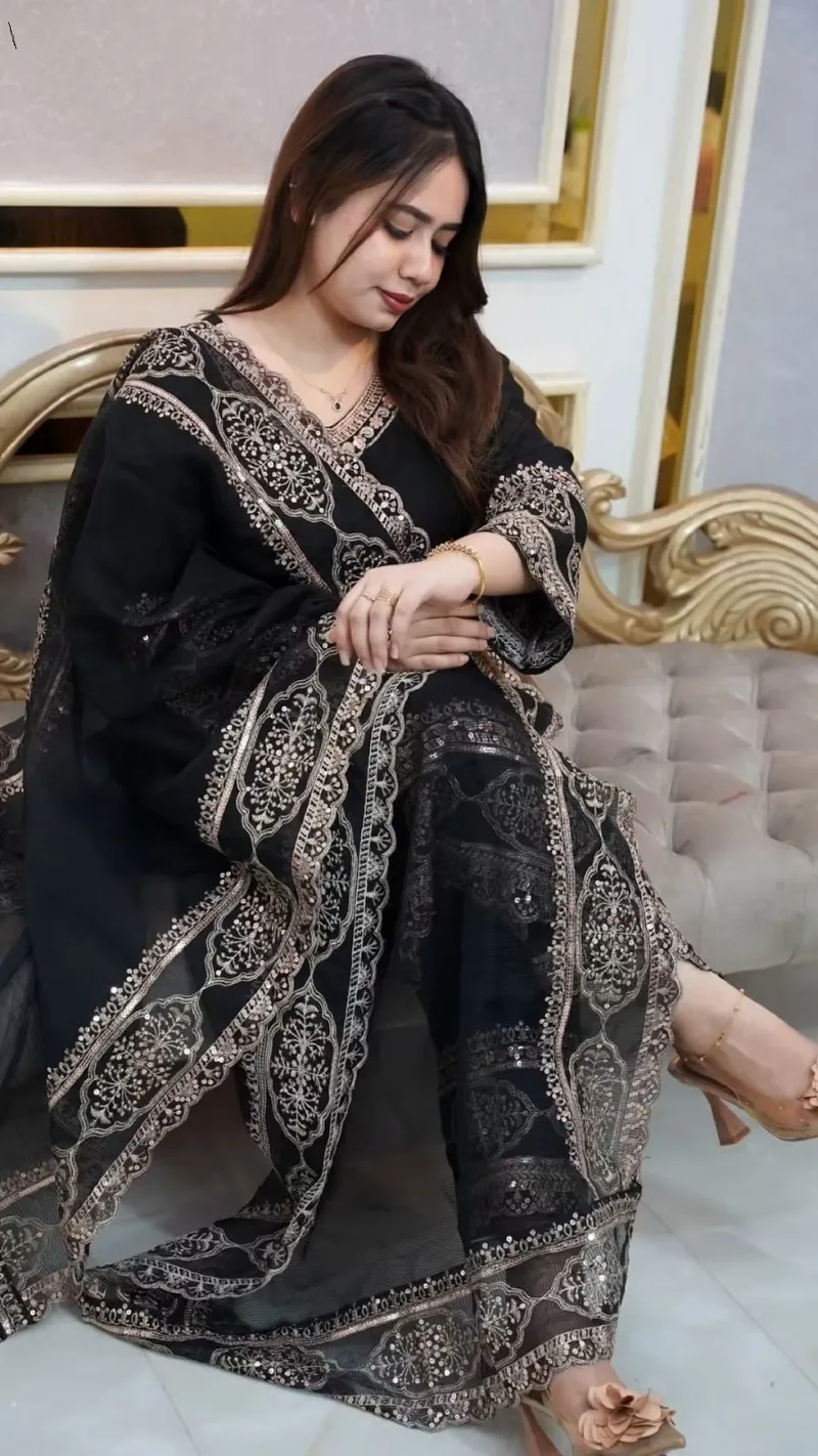 Women's Rayon Cotton Three Piece with Full Body Sequin Embroidery
