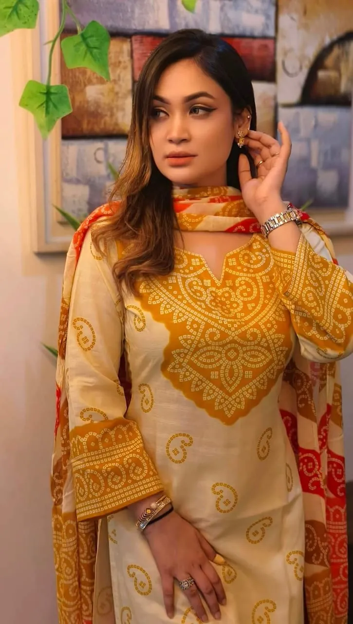 Printed Linen Kameez and Salwar Three Piece, 6 Colour Choices