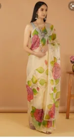 Women's 12 Haath Half Silk Saree with Hand Print Work