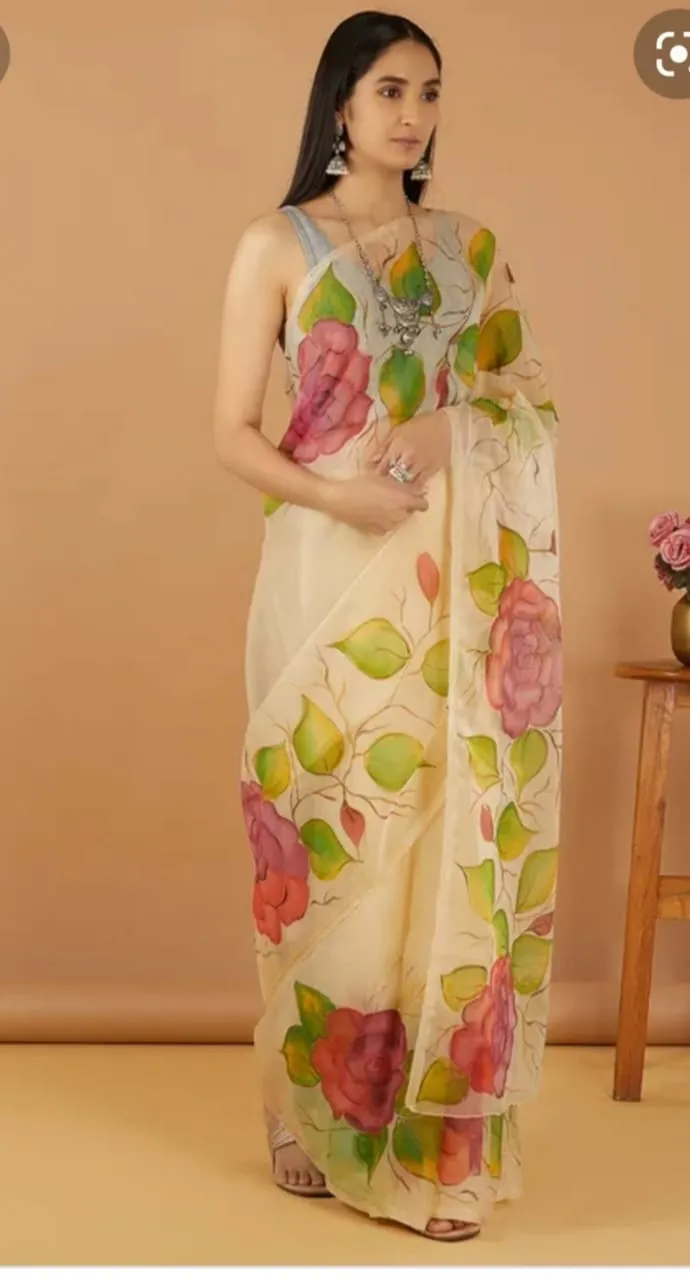 Women's 12 Haath Half Silk Saree with Hand Print Work