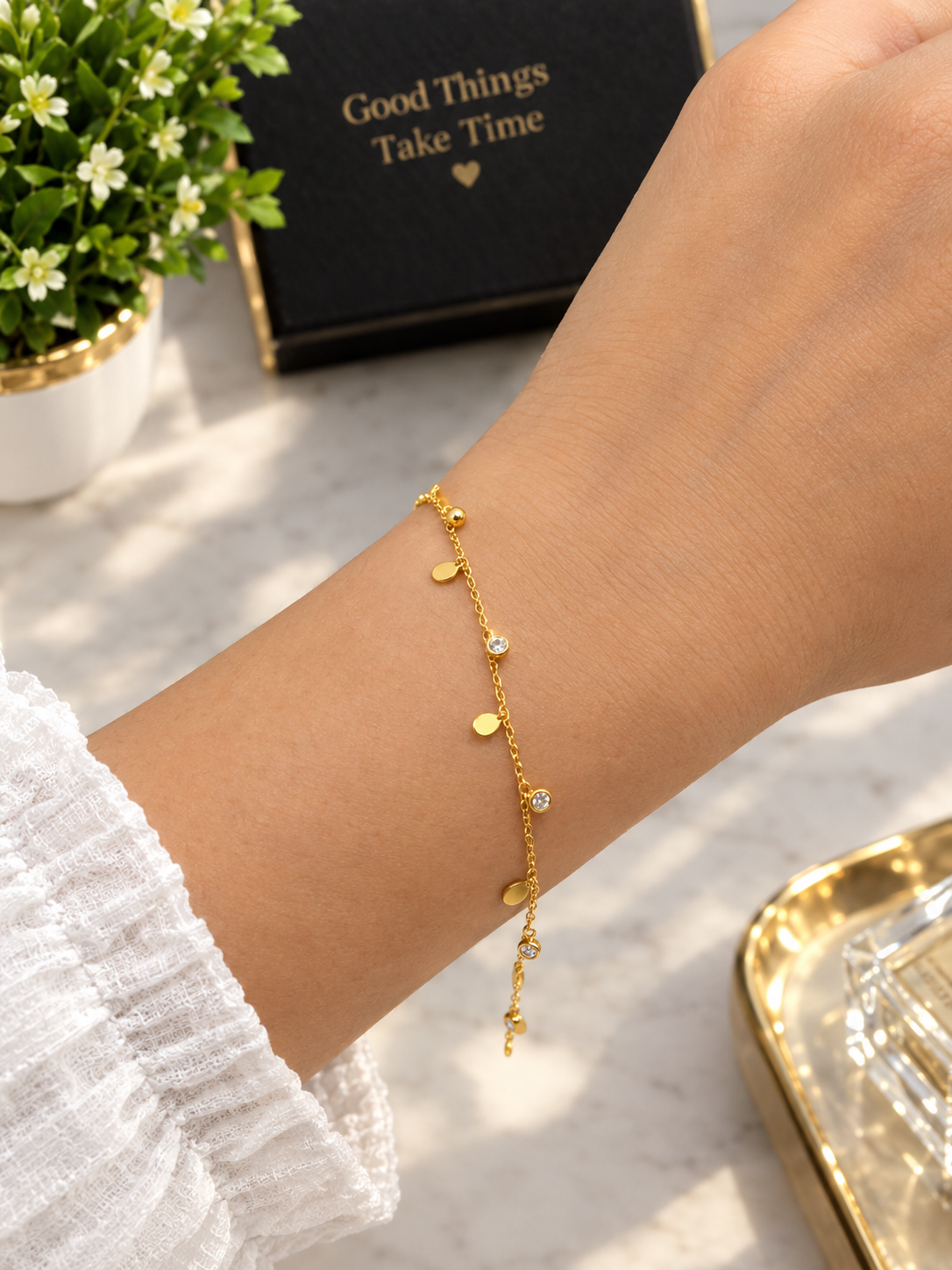 Anti-tarnish Golden Teardrop and Crystal Charm Bracelet