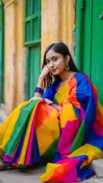 Half Silk Hand Print Saree with Tuli Brush Work