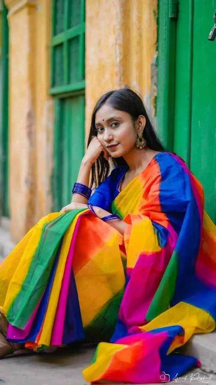 Half Silk Hand Print Saree with Tuli Brush Work