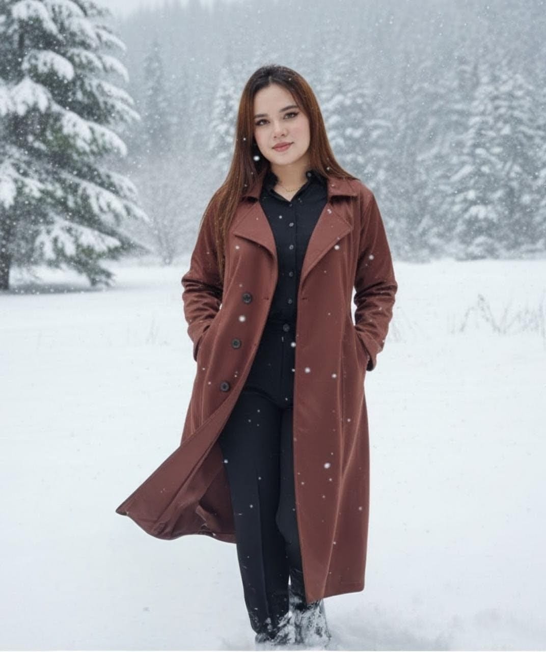 Women's Suede Leather Overcoat with Buttons and Side Pockets
