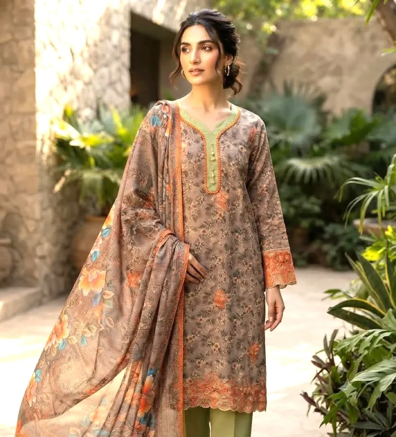 Laser Cut Readymade Three Piece with Embroidery and Lace Sleeves