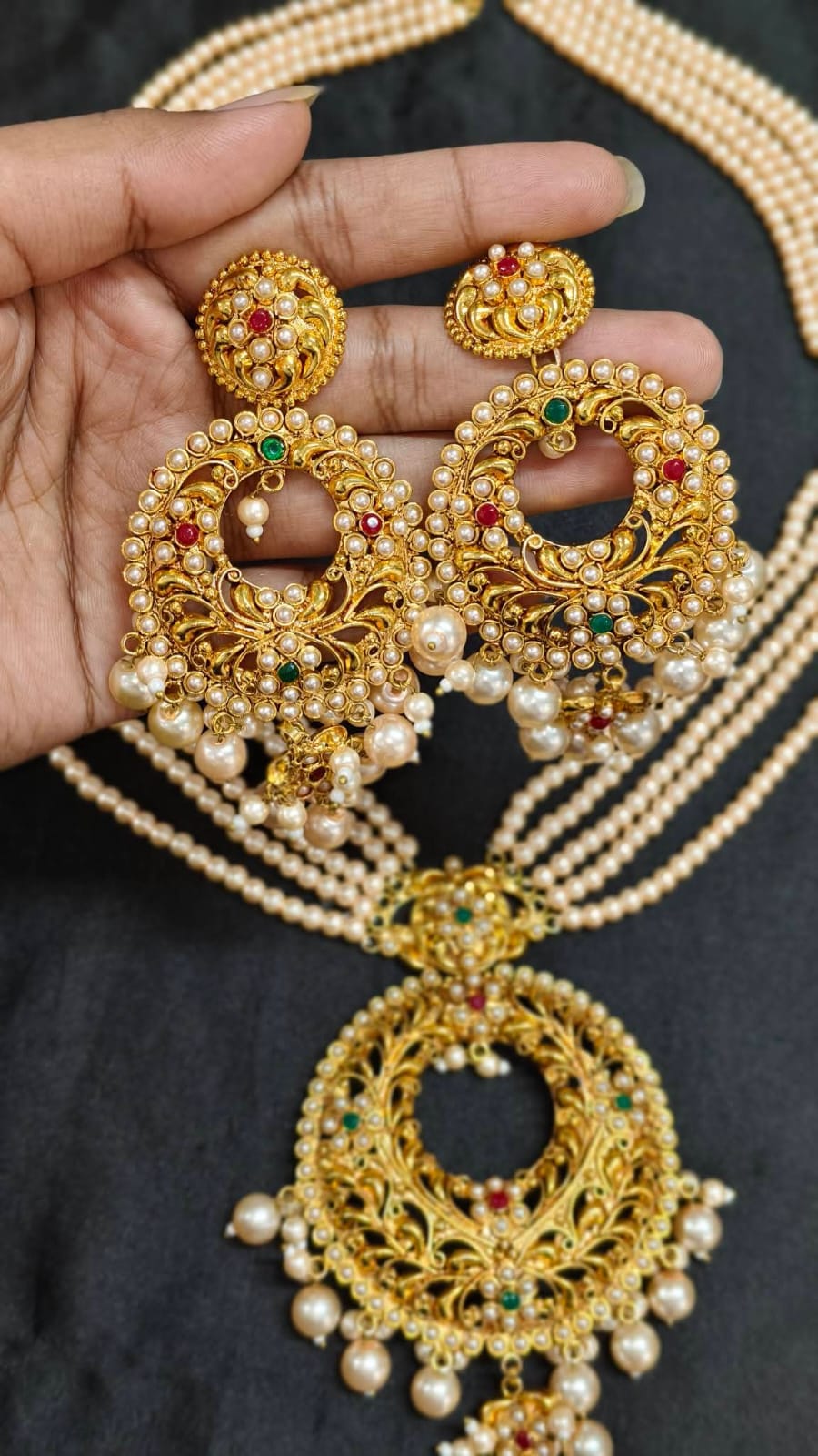 Traditional Gold-Plated Hyderabadi Pearl Sitahar and Jhumka Jewellery Set