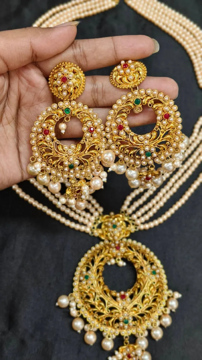 Traditional Gold-Plated Hyderabadi Pearl Sitahar and Jhumka Jewellery Set