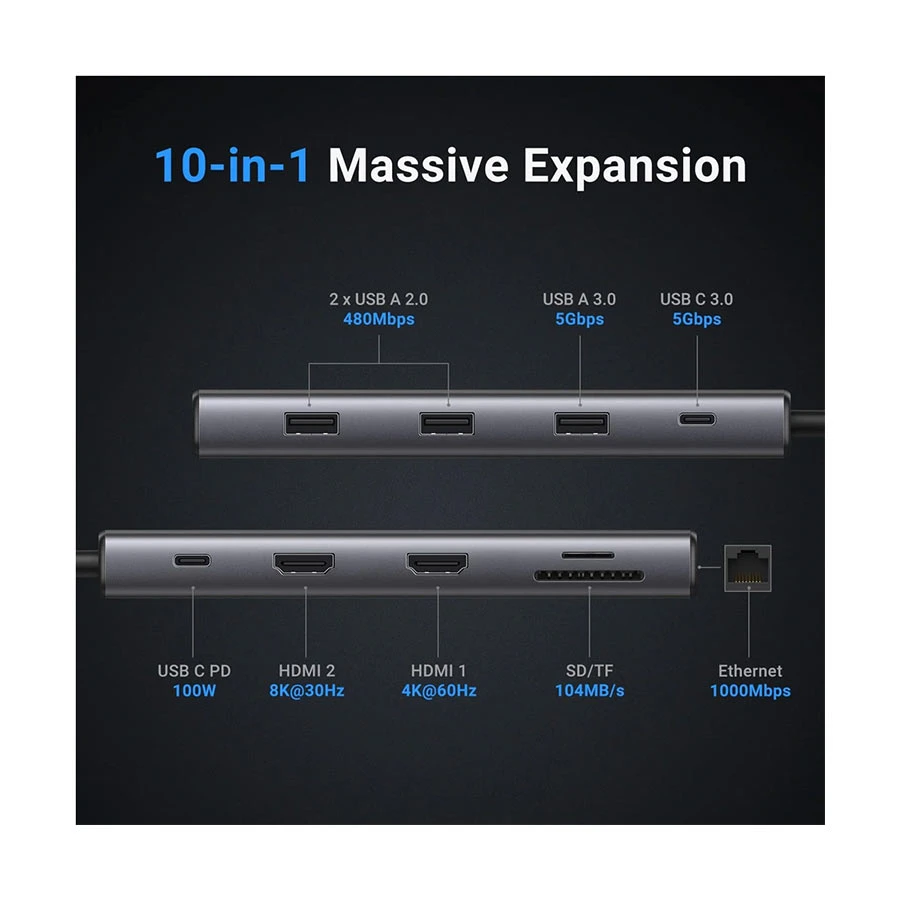 UGREEN CM639 (15534) USB-C Hub with 8K Dual HDMI, LAN & SD/TF Gray