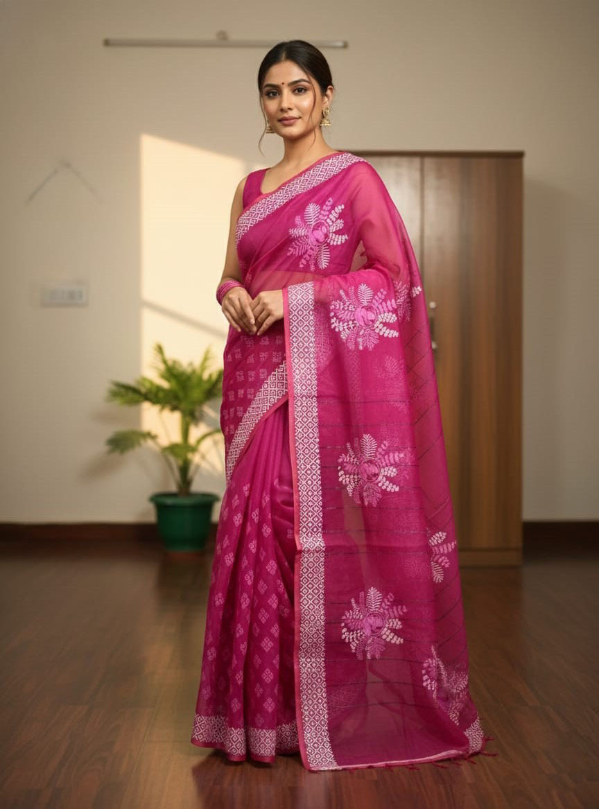 Half Silk Block Print Saree for Festivals, 6 Colours