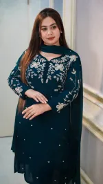 Women's Rayon Cotton Embroidered Three Piece with Stone Work Orna