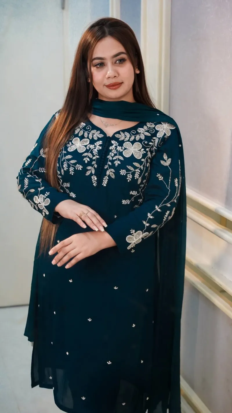 Women's Rayon Cotton Embroidered Three Piece with Stone Work Orna