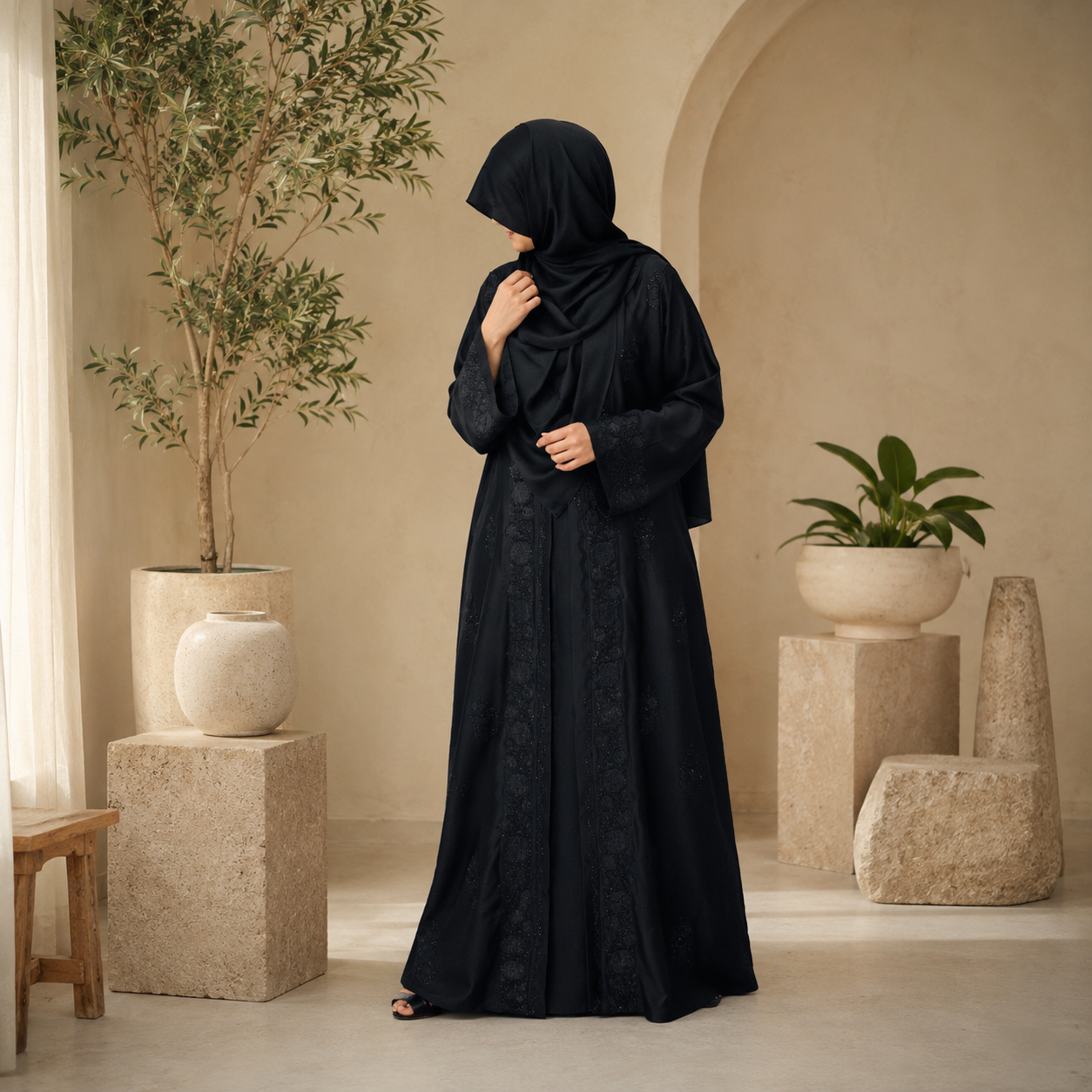 Premium Zafran Felix Luxury Abaya with Embroidery & Stone Work | Matching Hijab & Adjustable Inner | Modest Fashion Black