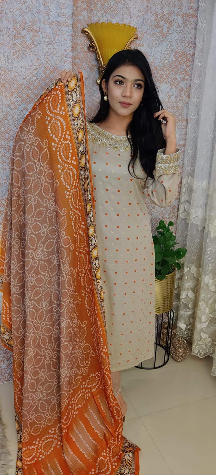 Linen Embroidery Three Piece with Screen Print and Cotton Orna