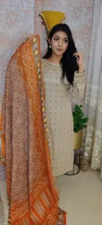 Linen Embroidery Three Piece with Screen Print and Cotton Orna
