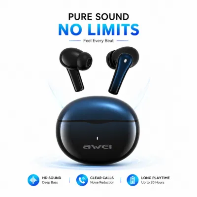 Awei T62 True Wireless Earbuds – Bluetooth 5.3 TWS with 4-Mic ENC Noise Cancelling, 10mm Drivers, IPX5 Waterproof & 300mAh Case