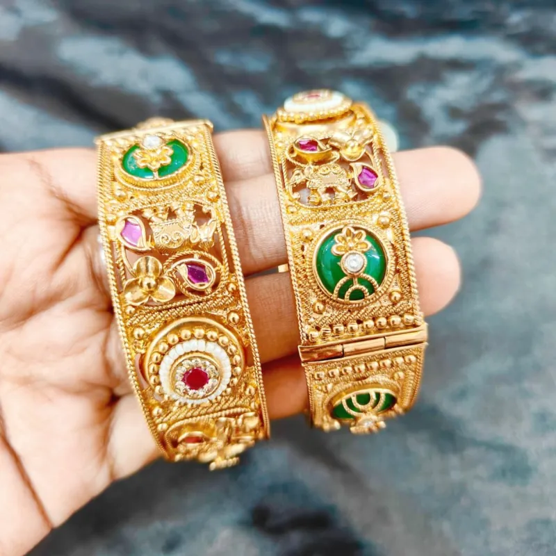 Premium Antique Gold-Plated Bangle Set with Minakari & Stone Work