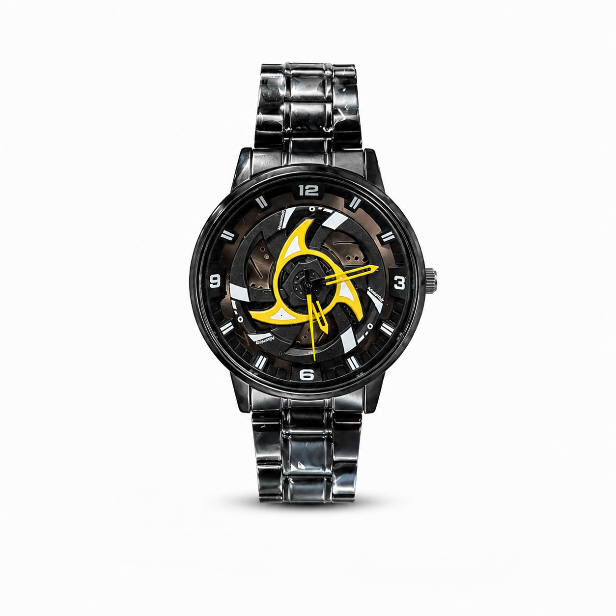 360° Rotating Car Wheel Rim Quartz Watch – Matte Black Metal Sports Wristwatch, 3D Alloy Rim & Brake Disc Dial, Stainless Steel Strap & Scratch-Resistant Glass for Men