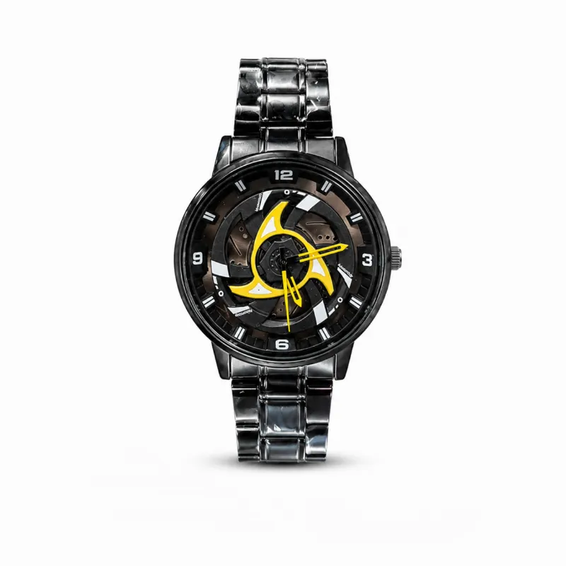 360° Rotating Wheel Rim Quartz Watch – Matte Black Metal Sports Wristwatch