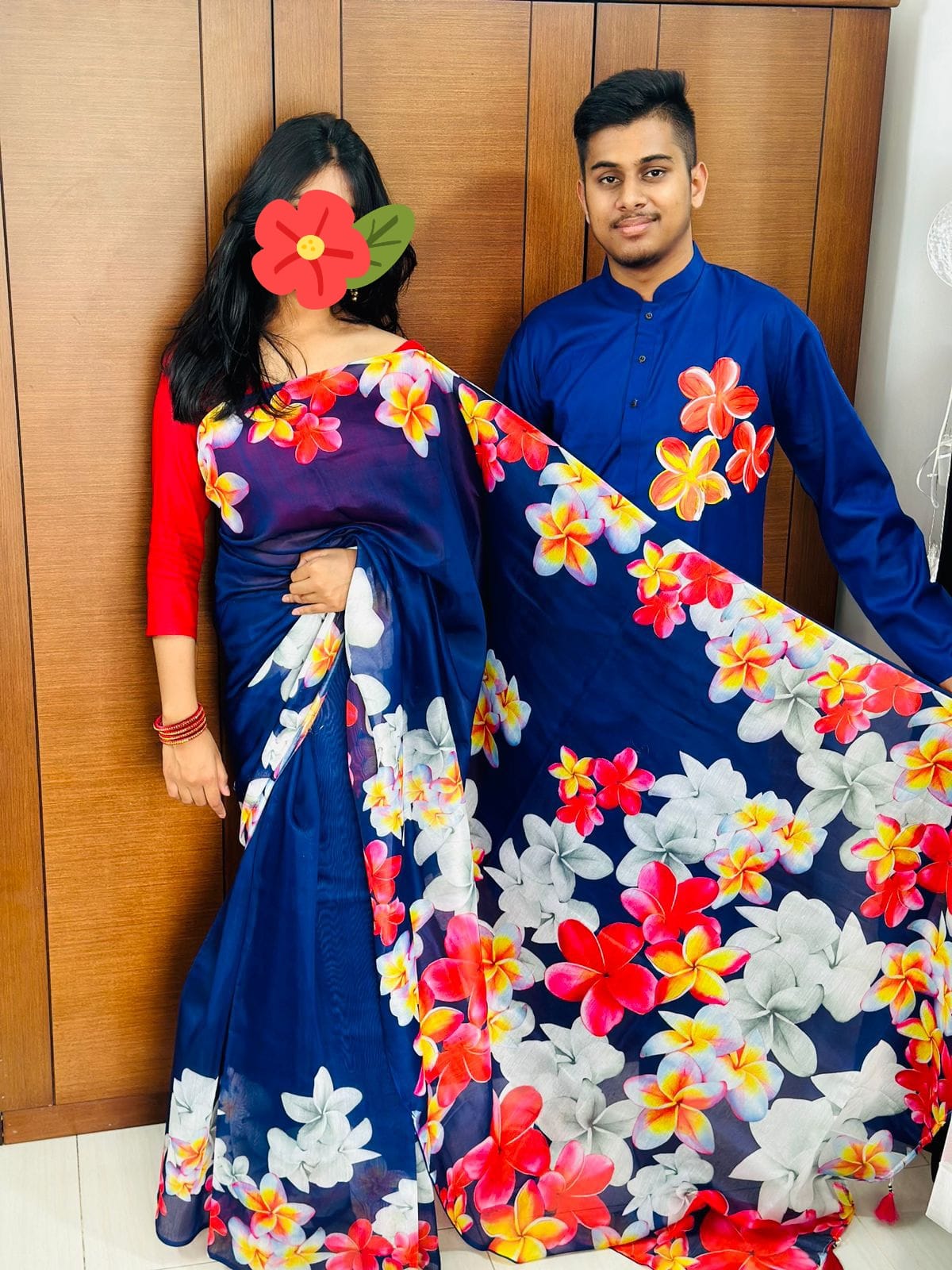 Couple Set, Chanderi Silk Saree and Dhupian Silk Panjabi, Hand Print