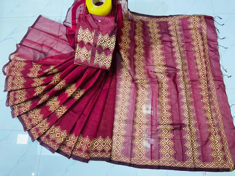 Block Print Couple Set, Dhupian Silk Saree and Panjabi, S to XL
