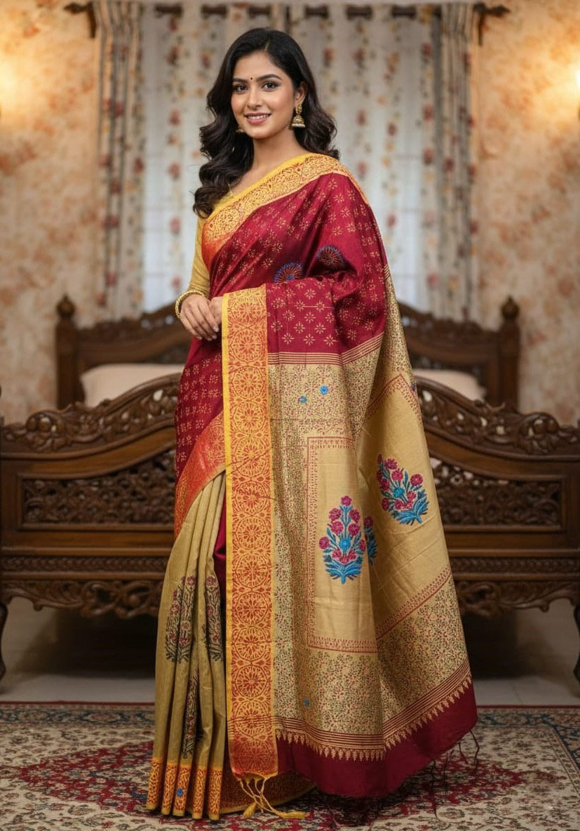 Embroidered Block Print Dhupian Silk Saree in 6 Colours