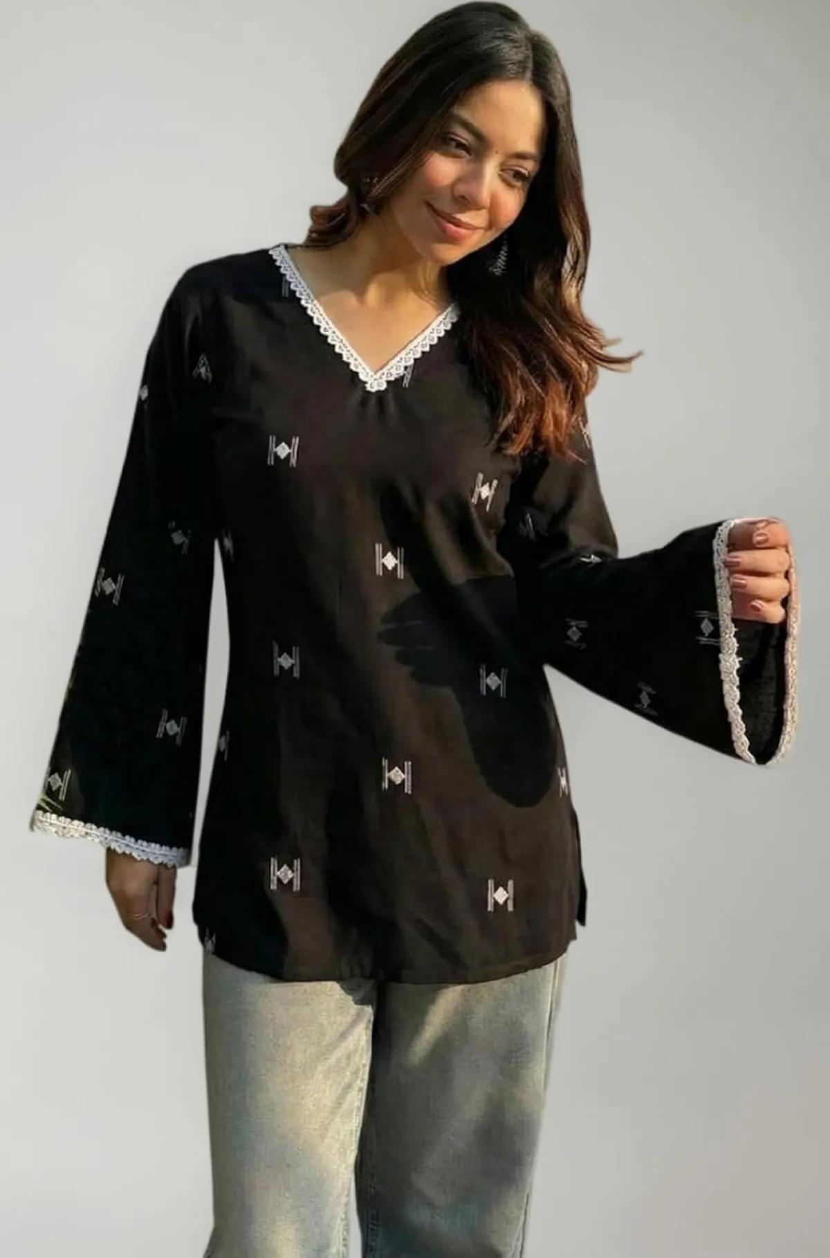 Women's Cotton One Piece Kurti with Lace, Free Size up to 44