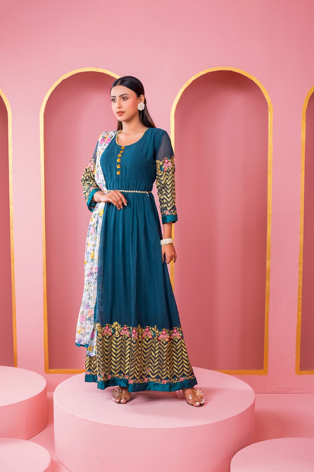 Georgette Embroidered Lehenga Party Dress, Free Size to 46, 6 Colours